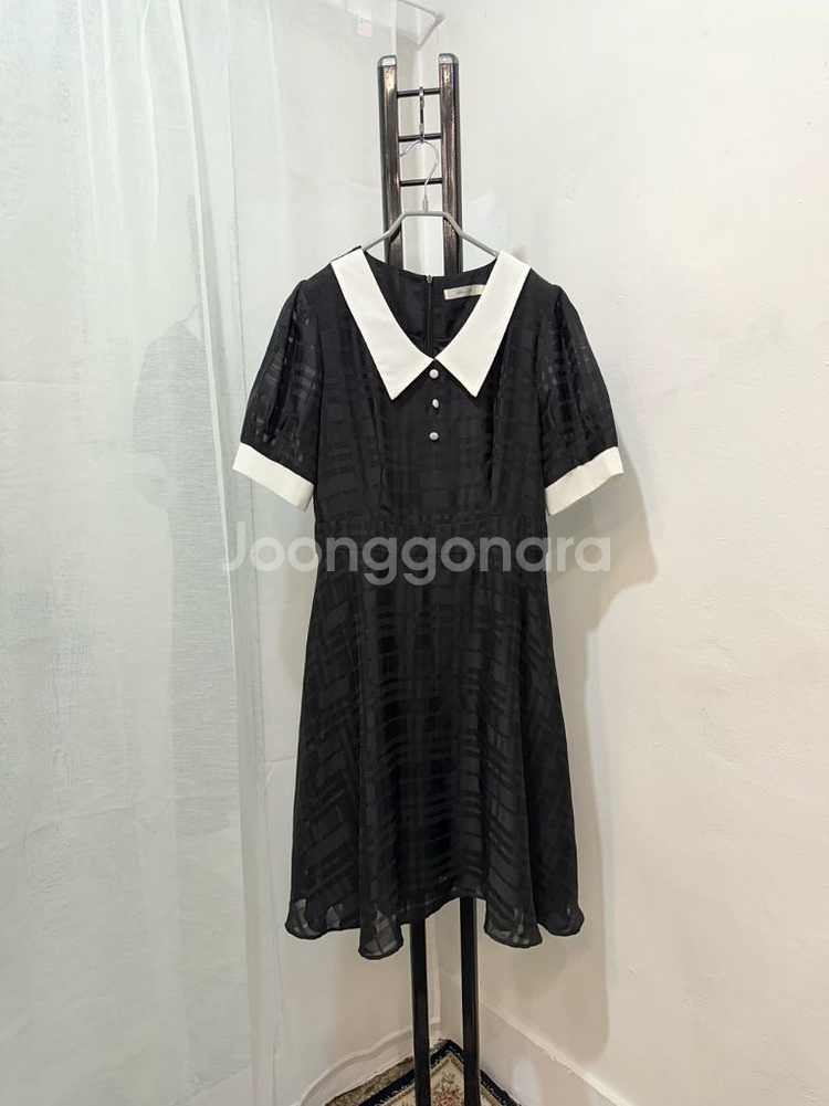 (L)시크라인 카라 체크 반팔롱원피스 롱드레스 3583--0