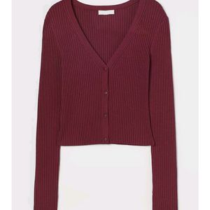 H&M 골지 리브 니트 가디건 레드 블랙