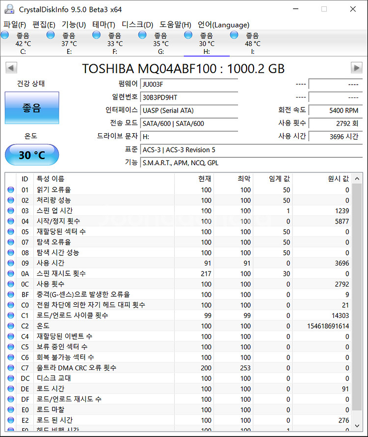 노트북하드 도시바 HDD 1TB 2.5인치 슬림--2