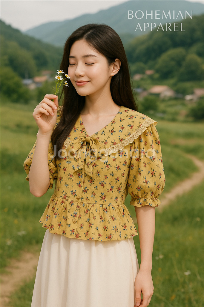 [여자 FREE]클리지 플라워 프릴 블라우스--9