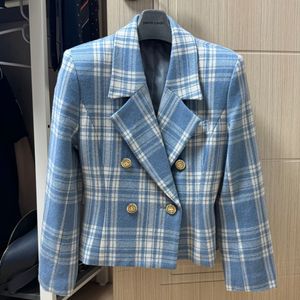 일본 수입 하늘색 빅 체크 트위드자켓