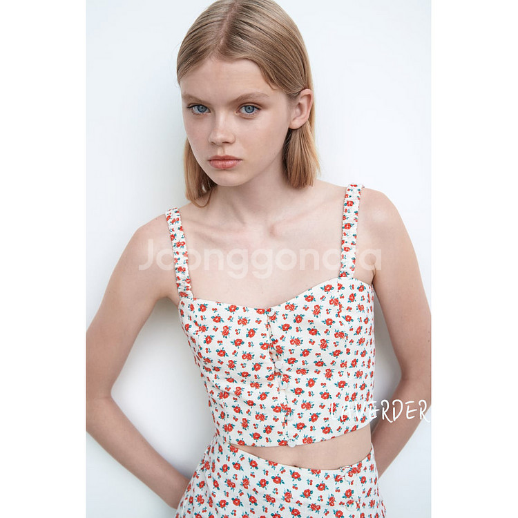 자라 플로랄 린넨 탑 꽃무늬 크롭 하트넥 뷔스티에 XS--2