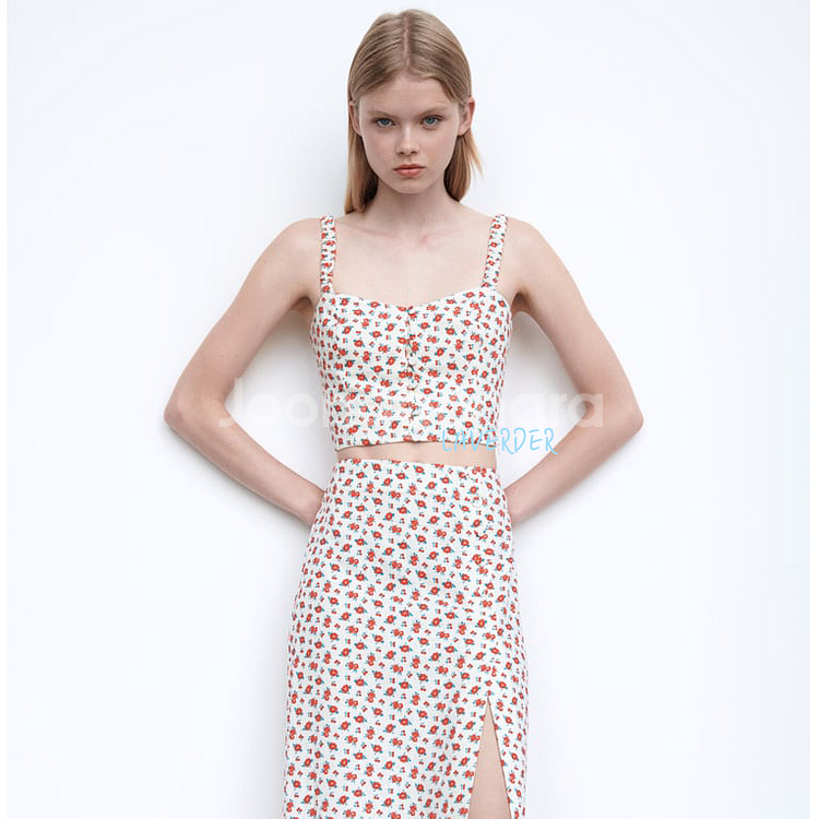 자라 플로랄 린넨 탑 꽃무늬 크롭 하트넥 뷔스티에 XS--1