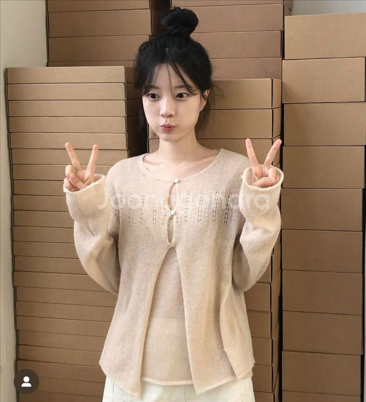 스너그눅 멜로우 가디건 슬리브리스 세트 애프리콧베이지--0