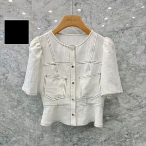 js뉴욕 린넨 마 스티치 포켓 반팔 숏 블라우스 화이트