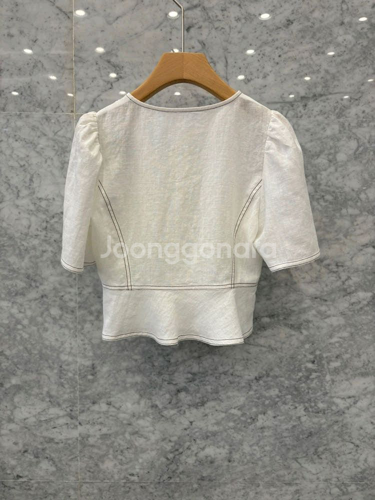 js뉴욕 린넨 마 스티치 포켓 반팔 숏 블라우스 화이트--1