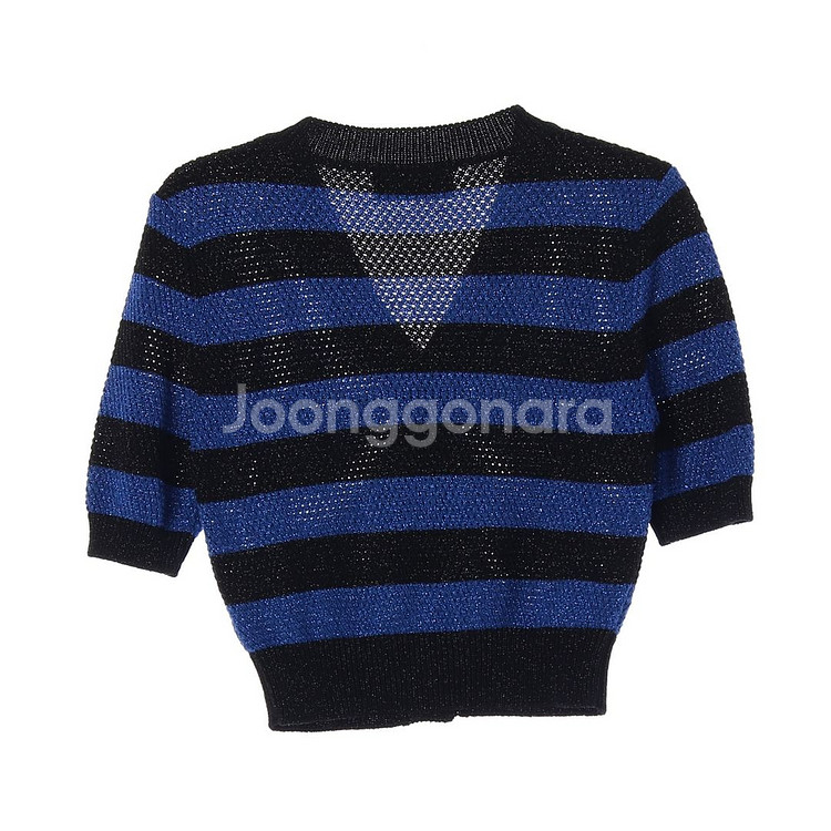 [S]모조에스핀 블랙 블루 스트라이프 반팔 니트 가디건--3