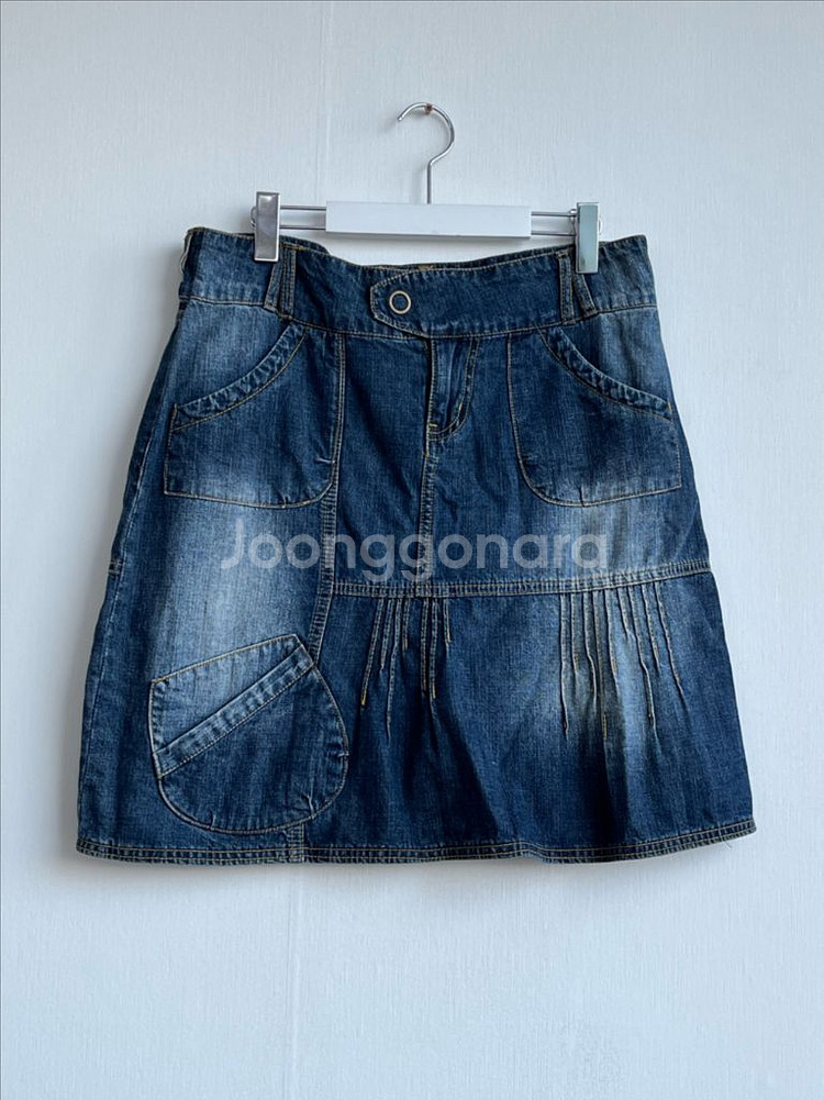 일본빈티지 주름 데님 미디 스커트--0