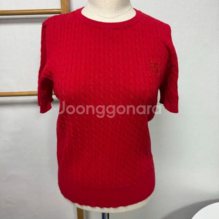제네럴아이디어 케이블 반팔 니트 레드 라운드 니트탑--1