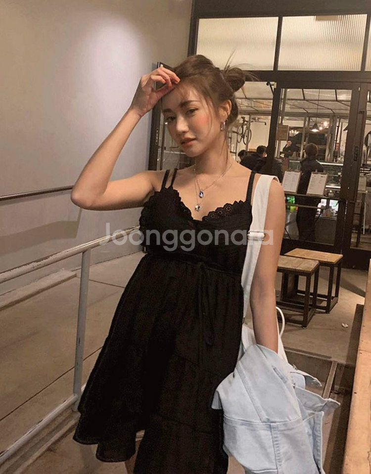 블랙 레이스 끈 미니 원피스 스타일난다--0