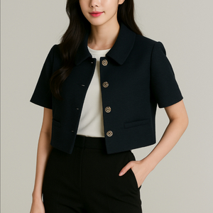 [여자 55 (S)]로엠 새상품 조직감 트위드 반팔자켓