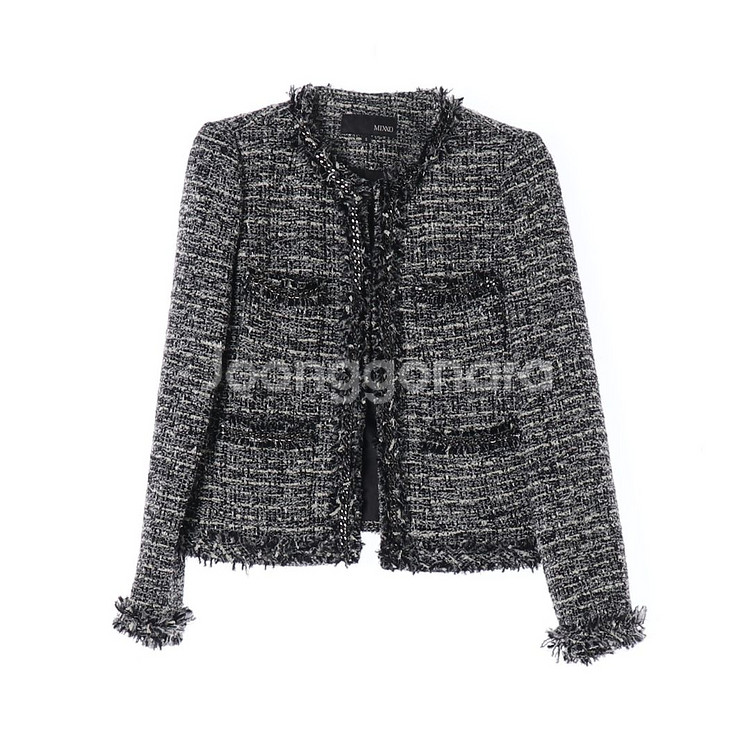 [S]미쏘 블랙 트위드자켓 노카라 숏 재킷--0