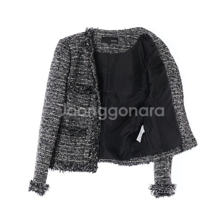 [S]미쏘 블랙 트위드자켓 노카라 숏 재킷--3