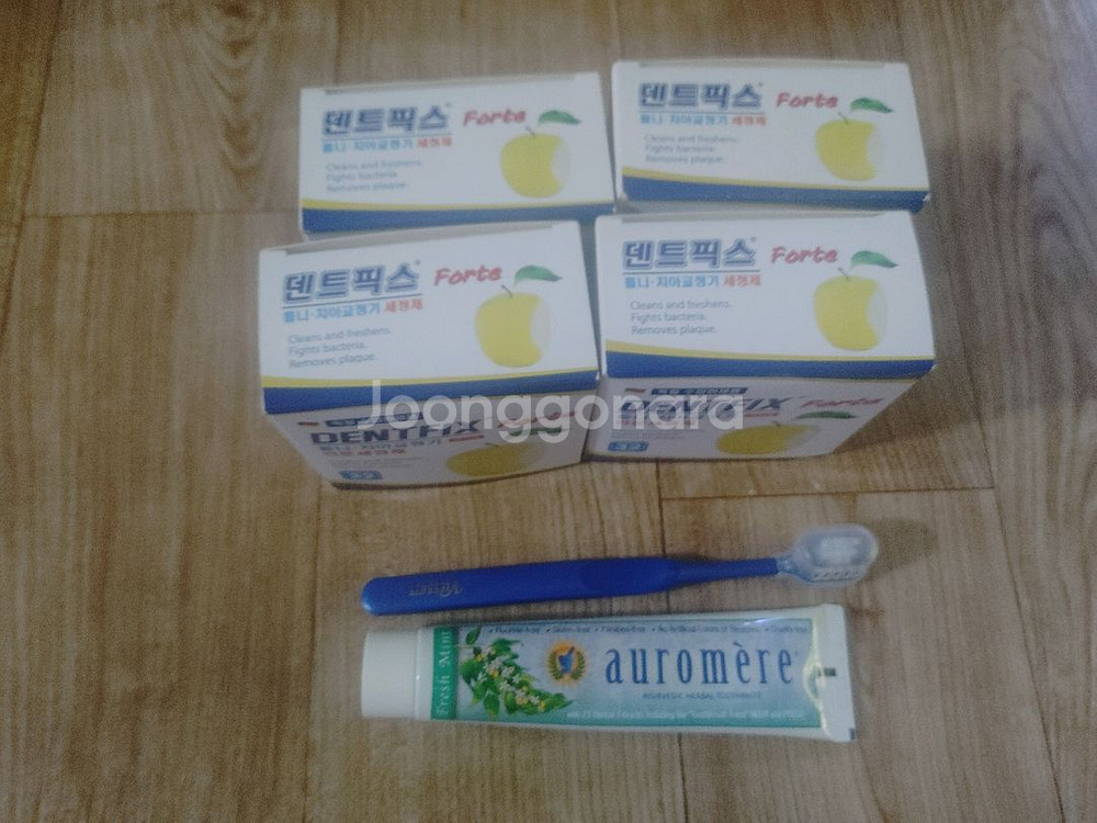 덴트픽스 세정제 4팩 + 칫솔 + 치약 (미사용)--0