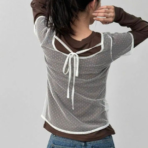 (새상품) 도트 시스루 레이어드 티셔츠