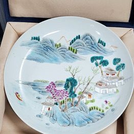 [골동품/도자기] 대청동치년제 수공 분채 산수문 접시