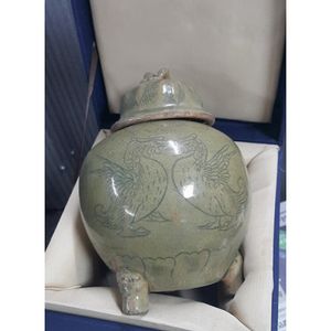 [골동품/도자기] 송청자 쌍조문 삼족 뚜껑단지 항아리