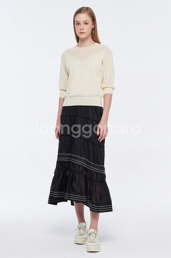 한섬 마인 MINE 펀칭 매쉬 배색 니트 탑 블라우스--0