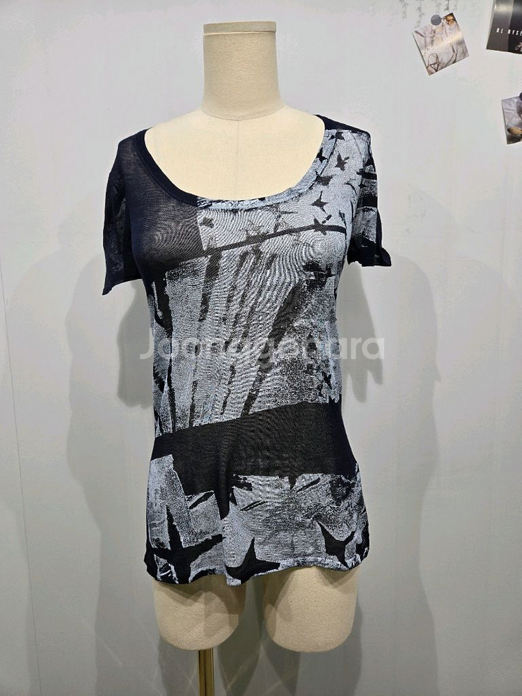 질샌더 프린팅 시스루 반팔 티셔츠 블랙/화이트--0