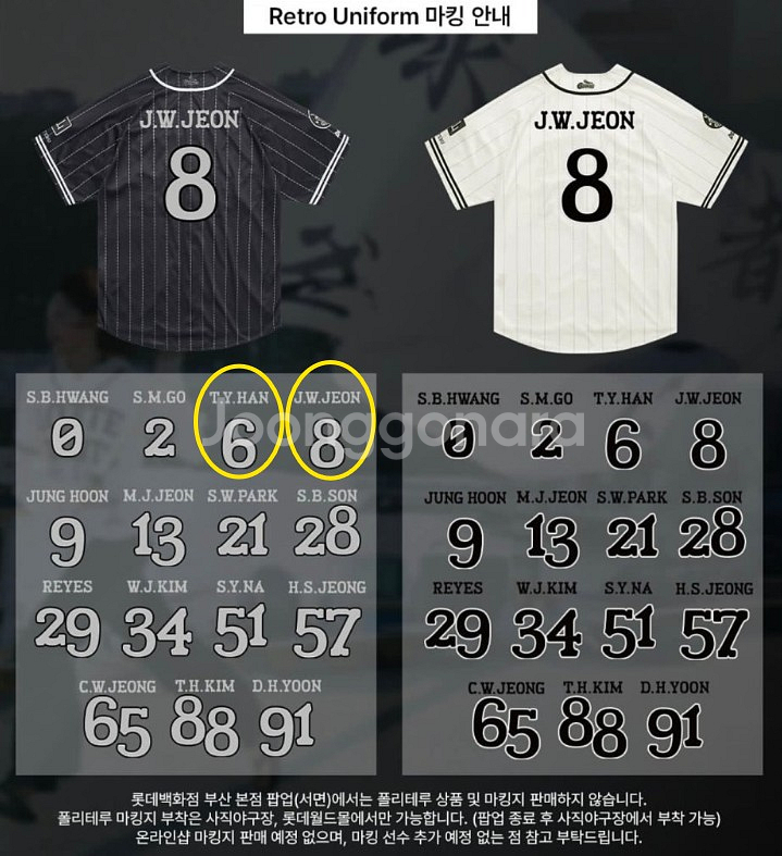롯데자이언츠x폴리테루 유니폼 블랙 한태양/전준우 마킹지--0