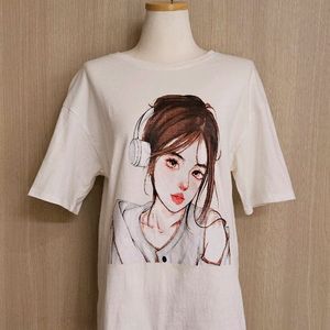 감성 일러스트 반팔 오버핏 박시 티셔츠 화이트 44~5