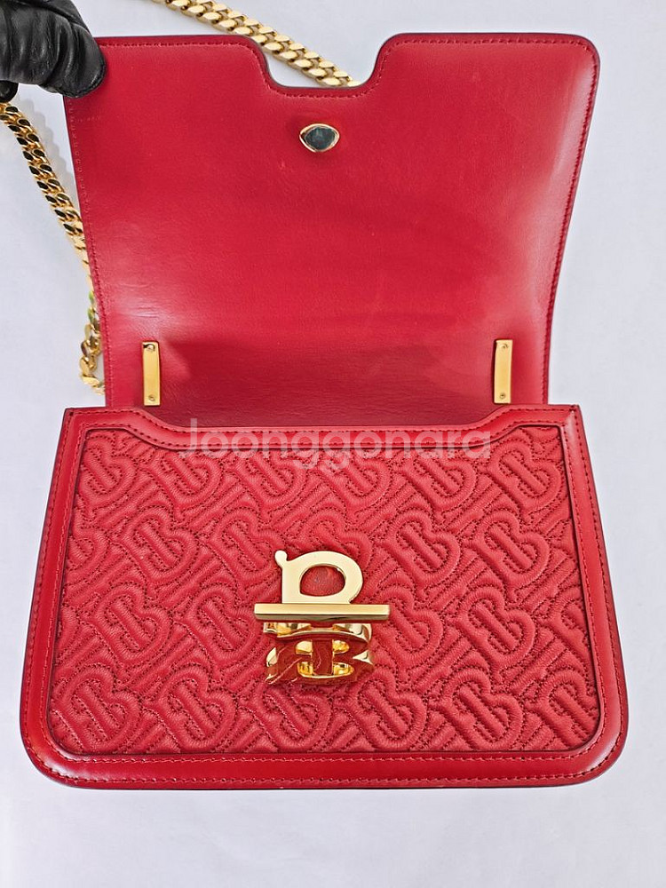 버버리 모노그램 TB 퀄팅 레드 여성 체인 숄더백--8
