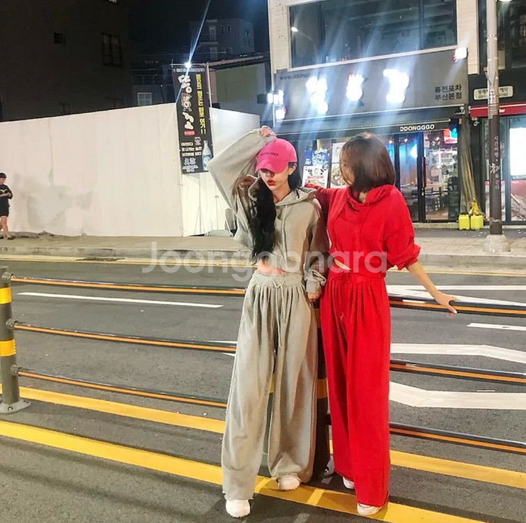 크롭 후드 와이드 팬츠 트레이닝 세트 투피스 셋업--2