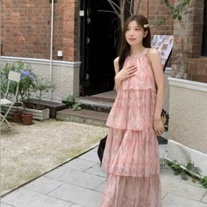 핑크 쉬폰 캉캉 프릴 홀터넥 롱 원피스 휴양지원피스