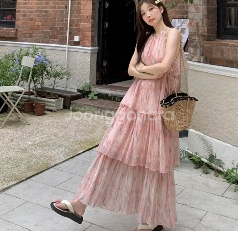 핑크 쉬폰 캉캉 프릴 홀터넥 롱 원피스 휴양지원피스--3