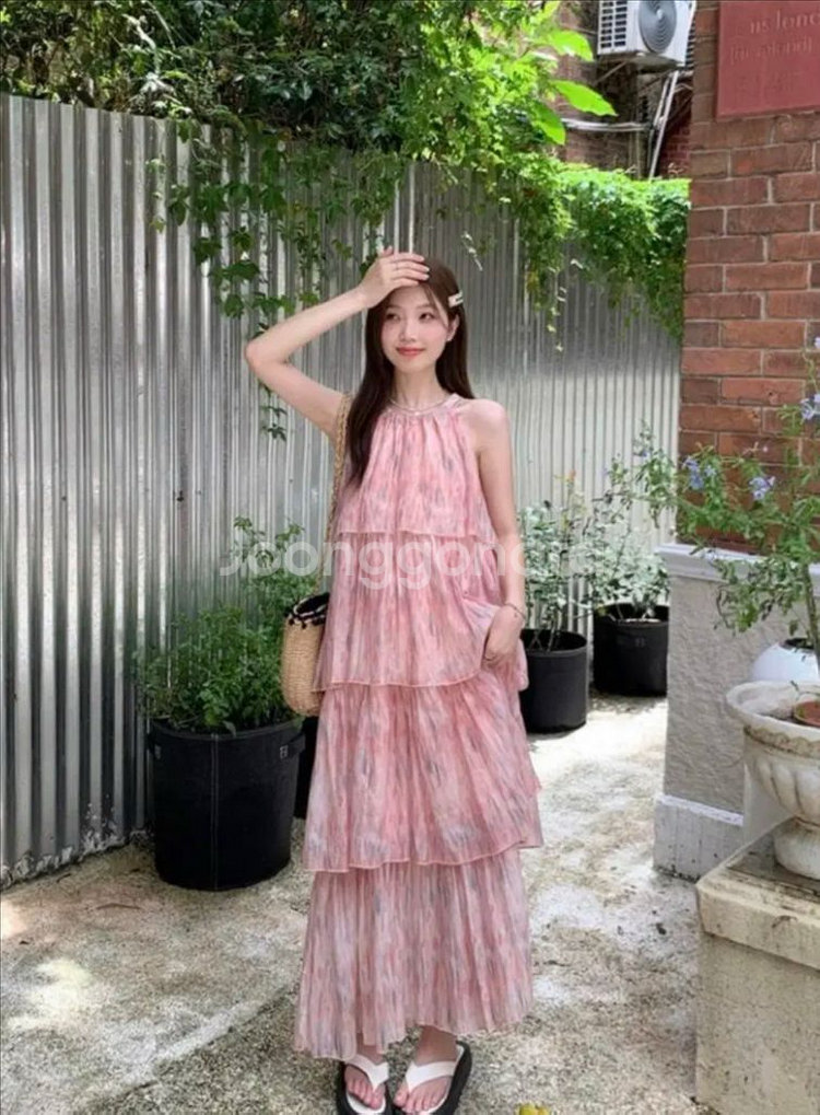 핑크 쉬폰 캉캉 프릴 홀터넥 롱 원피스 휴양지원피스--1