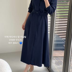 레이지코너 셔츠롱원피스 베이지, 네이비