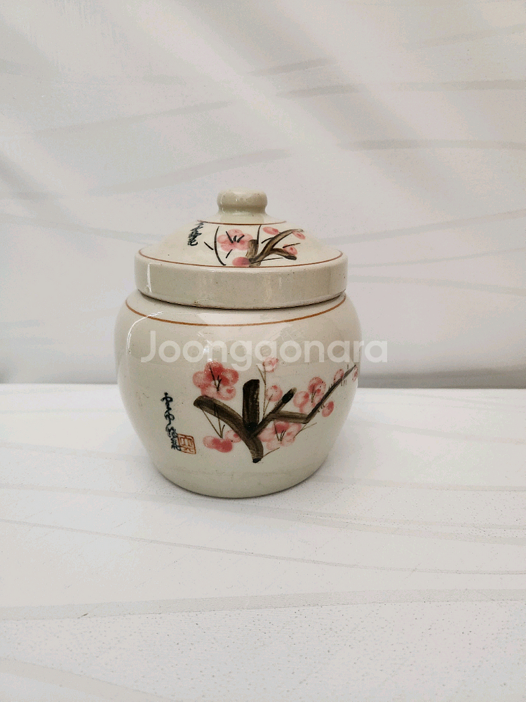 빈티지 도자기 매화 그림 보관 용기--0