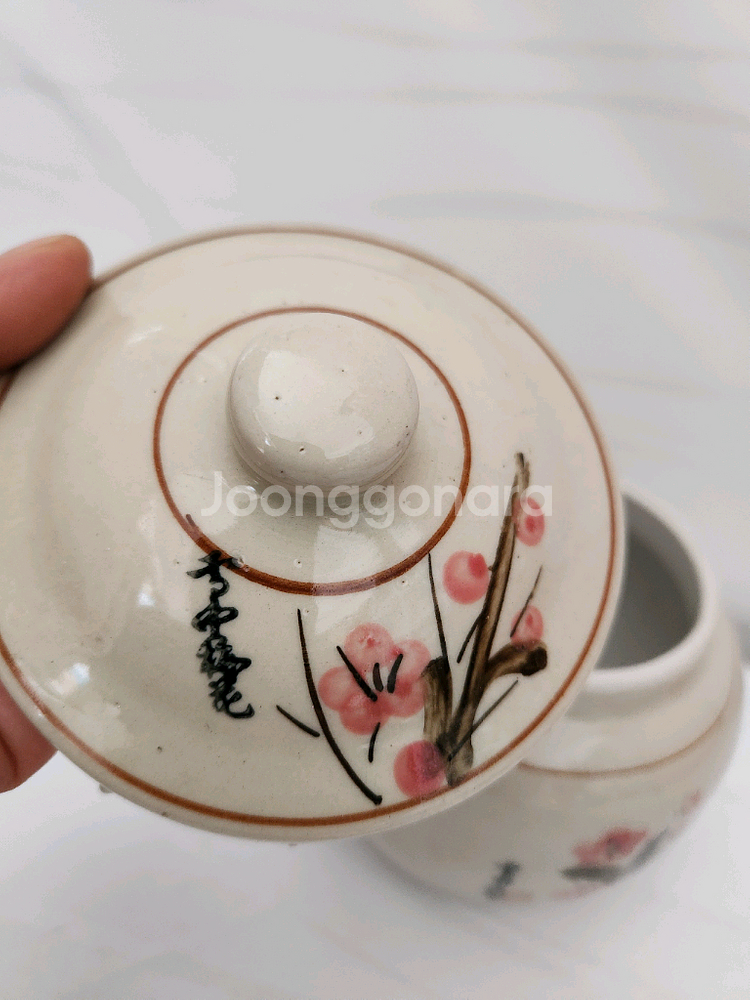 빈티지 도자기 매화 그림 보관 용기--5