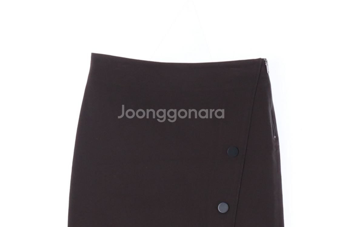 [S]시스템 브라운 언발 사선 버튼 랩 롱 스커트 치마--1