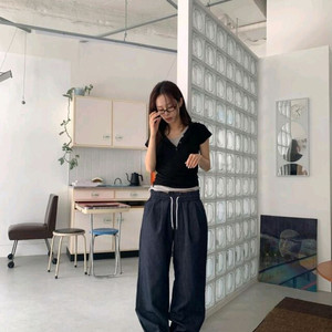 릿킴 후드 버튼 하프 티 블랙 반팔티 여름 레이어드