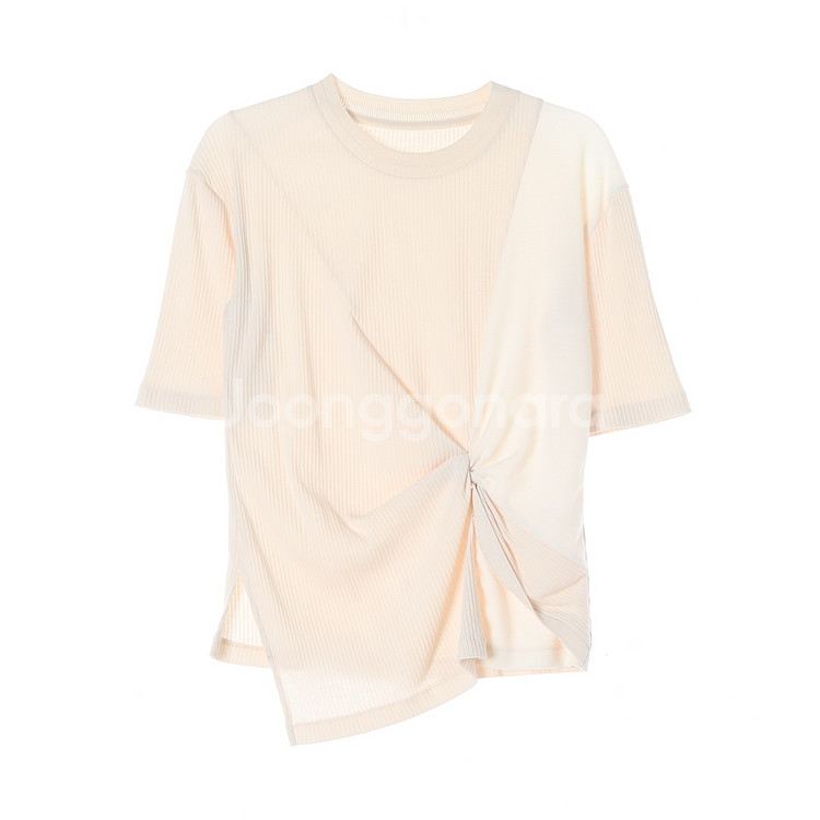 [S]시스템 베이지 매듭 꼬입 반팔 골지 니트 티셔츠--0