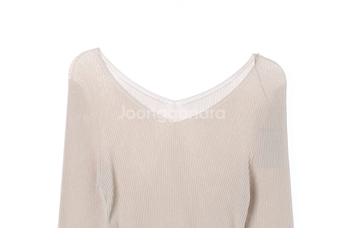 (새상품)[M]시스템 베이지 펄 은사 셔링 긴팔 브이넥--1