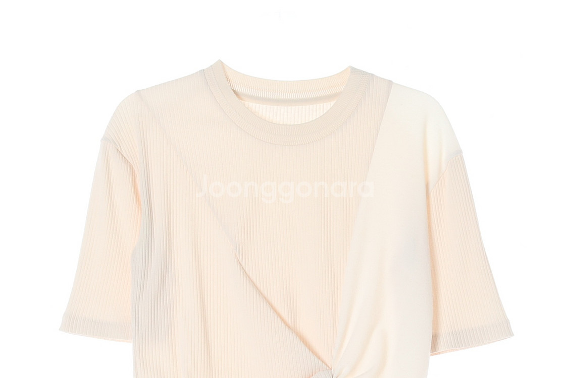 [S]시스템 베이지 매듭 꼬입 반팔 골지 니트 티셔츠--1