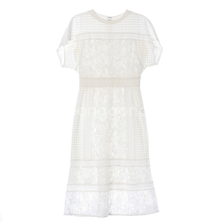 [S]시스템 화이트 레이스 아일렛 반팔 롱 튜닉원피스--0