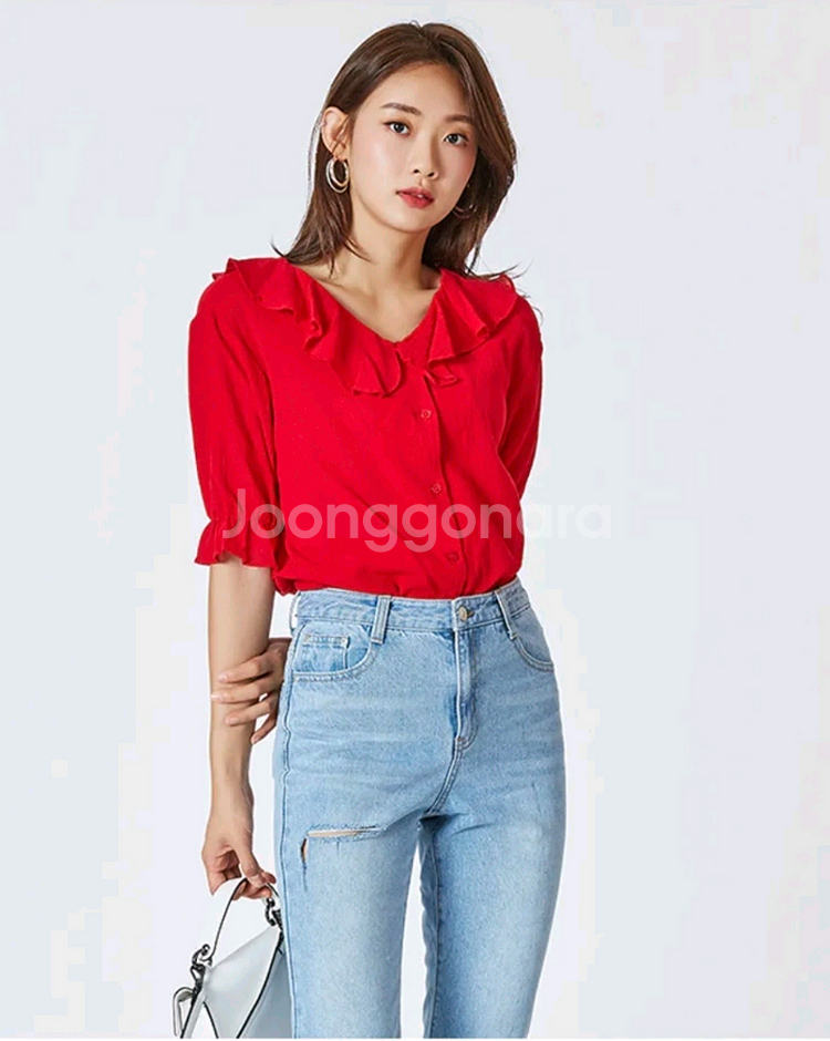 미쏘 와이드 프릴 브이넥 블라우스(레드/S)--0