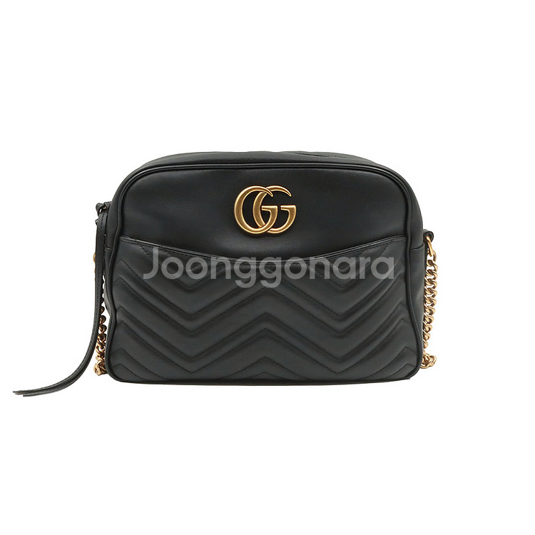 구찌 블랙 레더 GG마몬트 쉐브론 카메라 크로스백--0