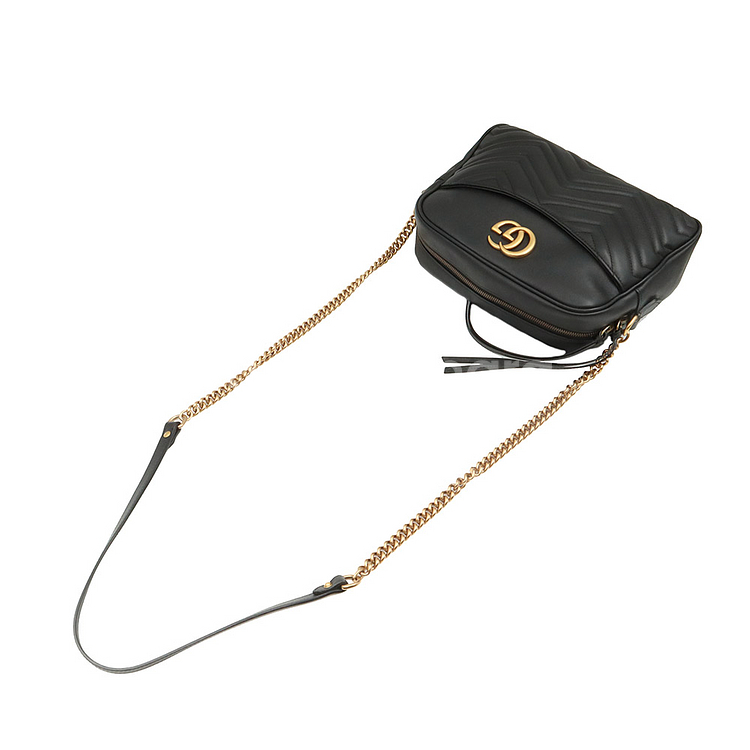 구찌 블랙 레더 GG마몬트 쉐브론 카메라 크로스백--3