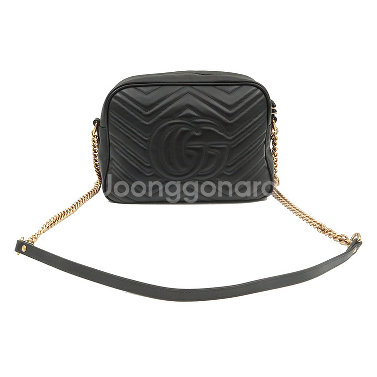 구찌 블랙 레더 GG마몬트 쉐브론 카메라 크로스백--4