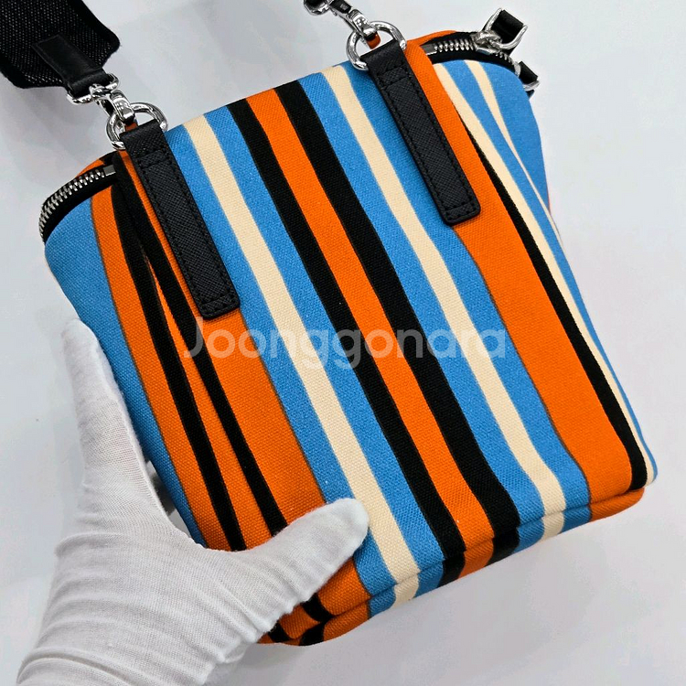 프라다 블랙 삼각로고 스트라이프 듀오 메신저백 크로스백--2