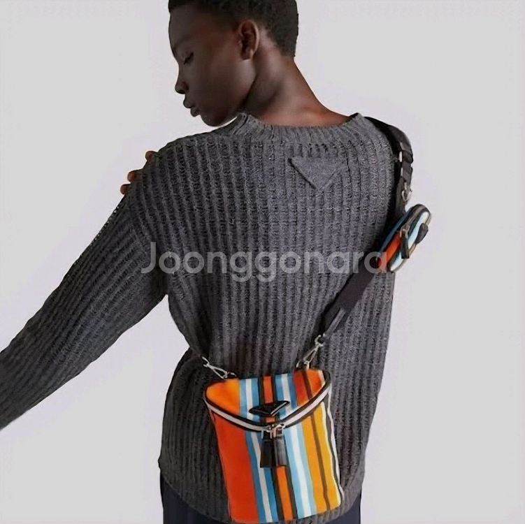 프라다 블랙 삼각로고 스트라이프 듀오 메신저백 크로스백--8