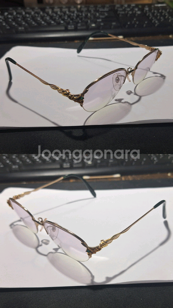 18K금도금 에멜랄드 일본 빈티지 반무테 안경 크레센트--3