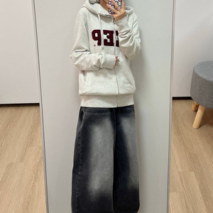 지프 버건디 자수로고 오트밀 후드집업