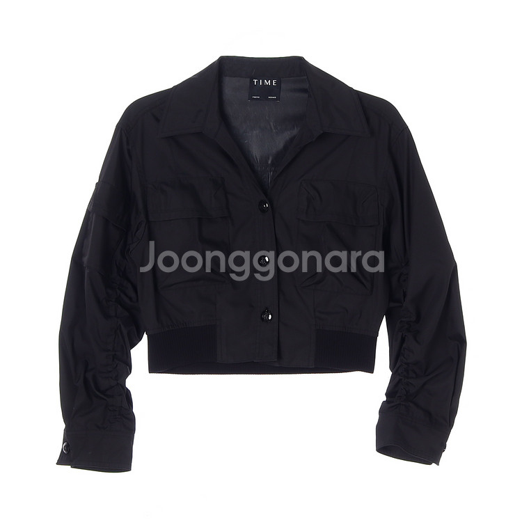 [S]타임 블랙 오픈카라 포켓 셔링 긴팔 크롭 셔츠--0