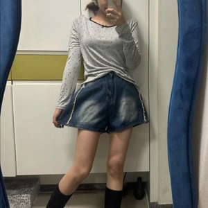 땡땡이 긴팔티 미듐청반바지 세트