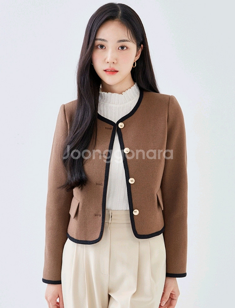로엠 브라운 배색 라운드넥 자켓--0